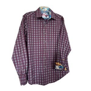 ROBERT GRAHAM DARK RED W/ LIGHT BLUE SQUARES SKI THEMED COTTON SHIRT M